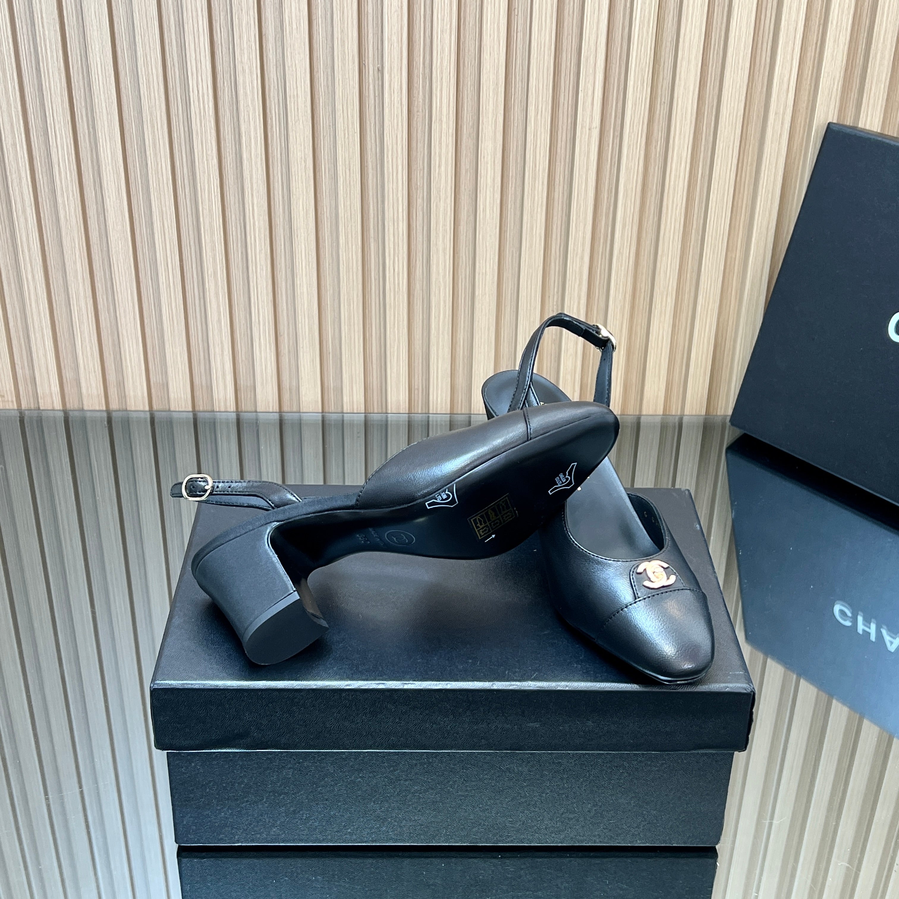 CHANEL 25S SLINGBACK SHOE LOGO 65MM IN BLACK CALFSKIN GOLD HARDWRE