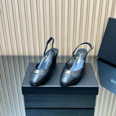 CHANEL 25S SLINGBACK SHOE LOGO 65MM IN BLACK CALFSKIN GOLD HARDWRE
