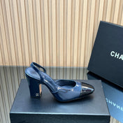 CHANEL 25S SLINGBACK SHOES IN BLUE AND BLACK GLOSSY CALFSKIN