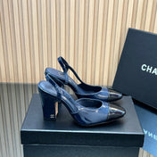 CHANEL 25S SLINGBACK SHOES IN BLUE AND BLACK GLOSSY CALFSKIN