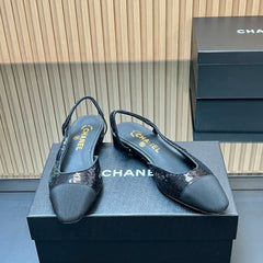 CHANEL 25S SLINGBACK SHOES IN BLACK EMBELLISHED WITH SPARKLES CANVAS