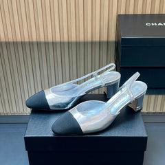 CHANEL 25S SLINGBACK SHOES IN SILVER AND BLACK CALFSKIN