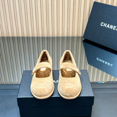 CHANEL 25S FURRY MARY JANE SHOES IN LIGHT BROWN SUEDE
