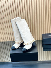 CHANEL 25S HIGH BOOTS 65MM IN WHITE CALFSKIN GOLD HARDWARE