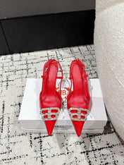 POINTED HIGH SLINGBACK IN RED PATENT CALFSKIN WITH CRYSTAL BUCKLE