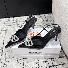 POINTED HIGH SLINGBACK IN BLACK PATENT CALFSKIN WITH CRYSTAL BUCKLE