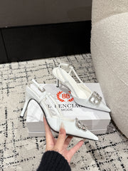 POINTED HIGH SLINGBACK IN WHITE PATENT CALFSKIN WITH CRYSTAL BUCKLE