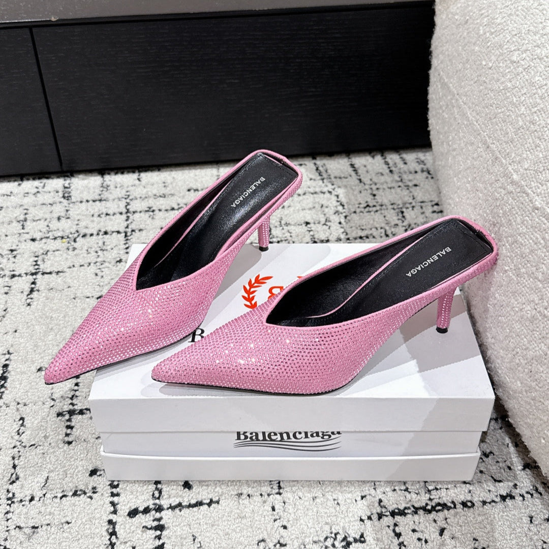 KNIFE 65MM HIGH MULE IN SHOCKING PINK SUEDE ATTACHED FULL CRYSTALS