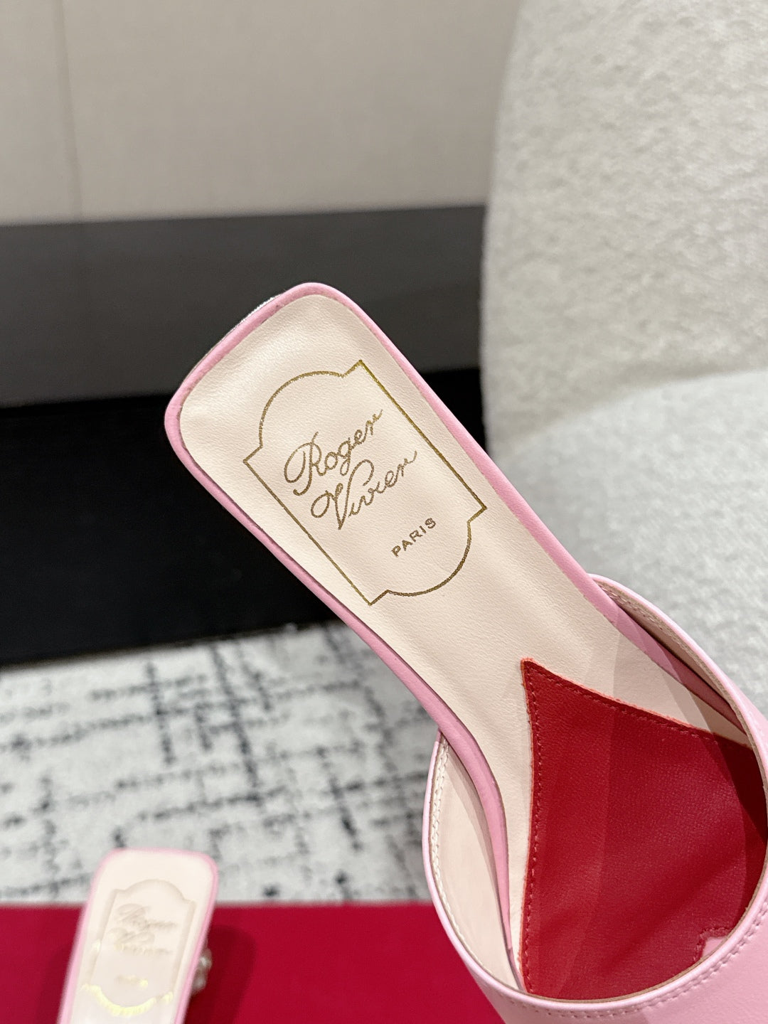 ROGER VIVIER 25S CRYSTAL HEEL MULE IN LIGHT PINK CALFSKIN