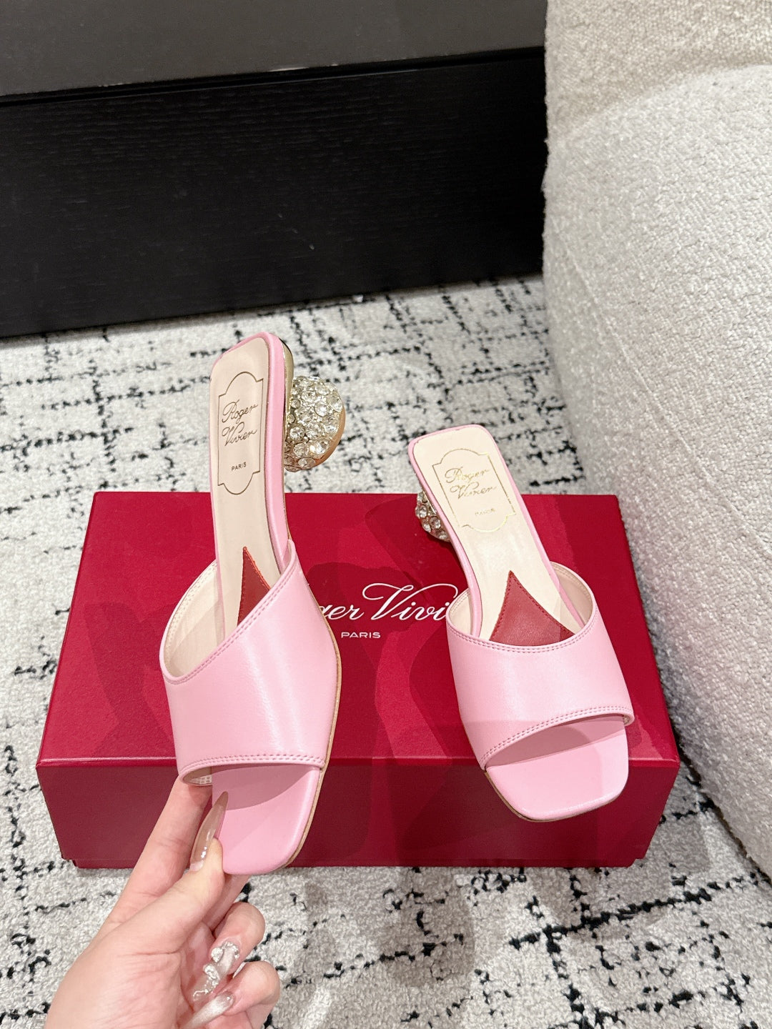 ROGER VIVIER 25S CRYSTAL HEEL MULE IN LIGHT PINK CALFSKIN