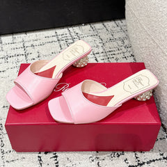 ROGER VIVIER 25S CRYSTAL HEEL MULE IN LIGHT PINK CALFSKIN