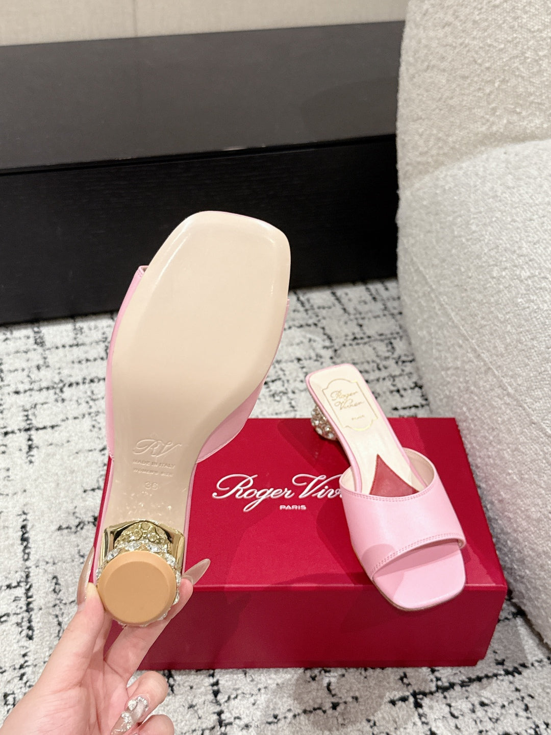 ROGER VIVIER 25S CRYSTAL HEEL MULE IN LIGHT PINK CALFSKIN
