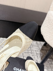 HIGH SLINGBACK 25S IN OFF WHITE FABRIC AND BLACK CALFSKIN CANVAS