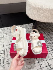 ROGER VIVIER 25S SLIDY VIV' WEDGE SANDALS 70 MM IN IVORY CALFSKIN EMBELLISHED CRYSTALS