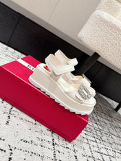 ROGER VIVIER 25S SLIDY VIV' WEDGE SANDALS 70 MM IN IVORY CALFSKIN EMBELLISHED CRYSTALS