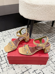 VLTN STUDDED BLOCK HEEL SANDALS 25S 60 MM IN LIGHT BROWN SUEDE