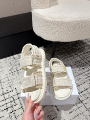 DIOR BACK-STRAP SANDALS 25S IN CREAM WHITE TWEED AND CALFSKIN WITH GOLD HARDWARE