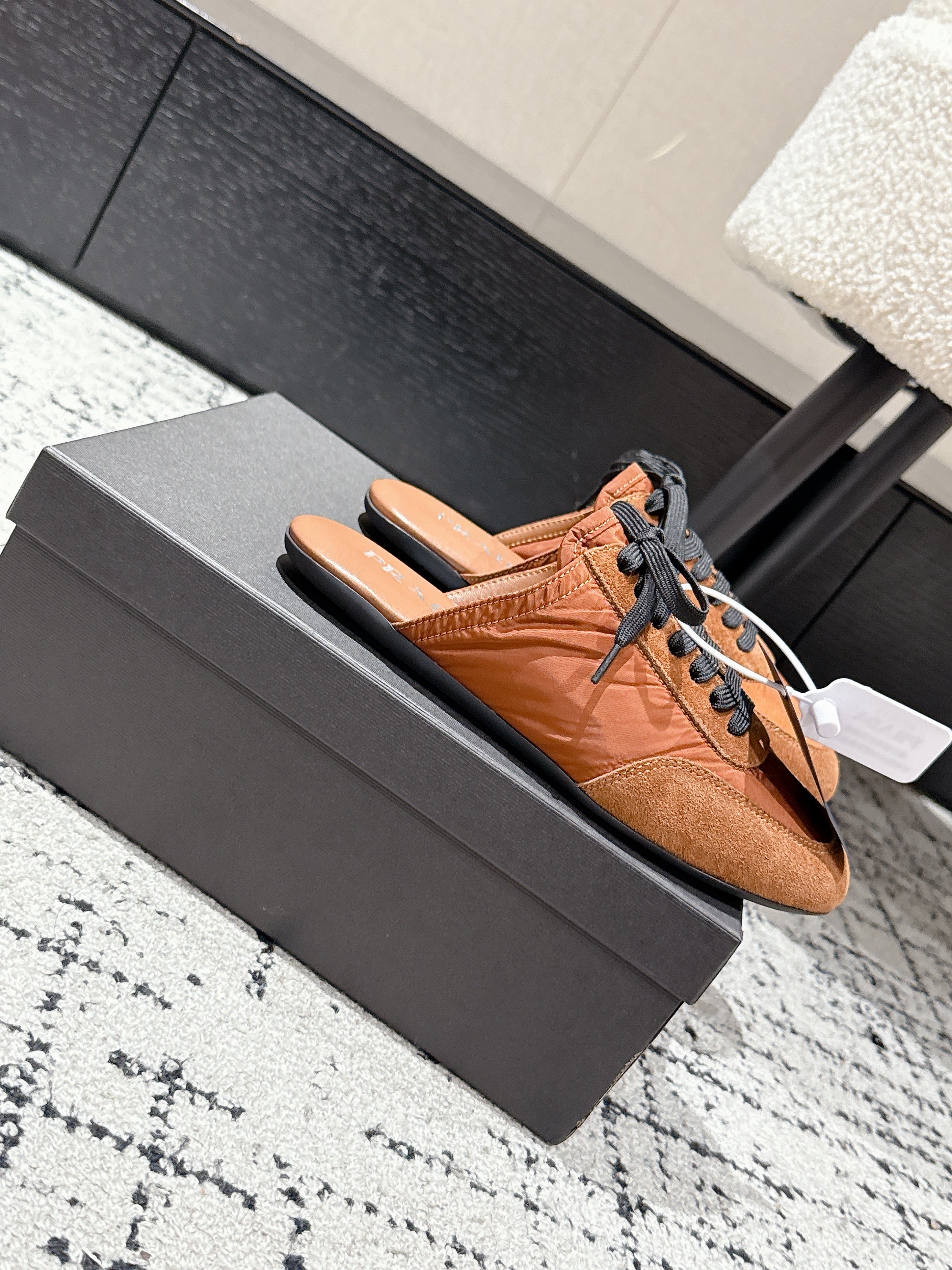 PRADA 25S DEXUN MULE IN BURNT ORANGE SUEDE LEATHER