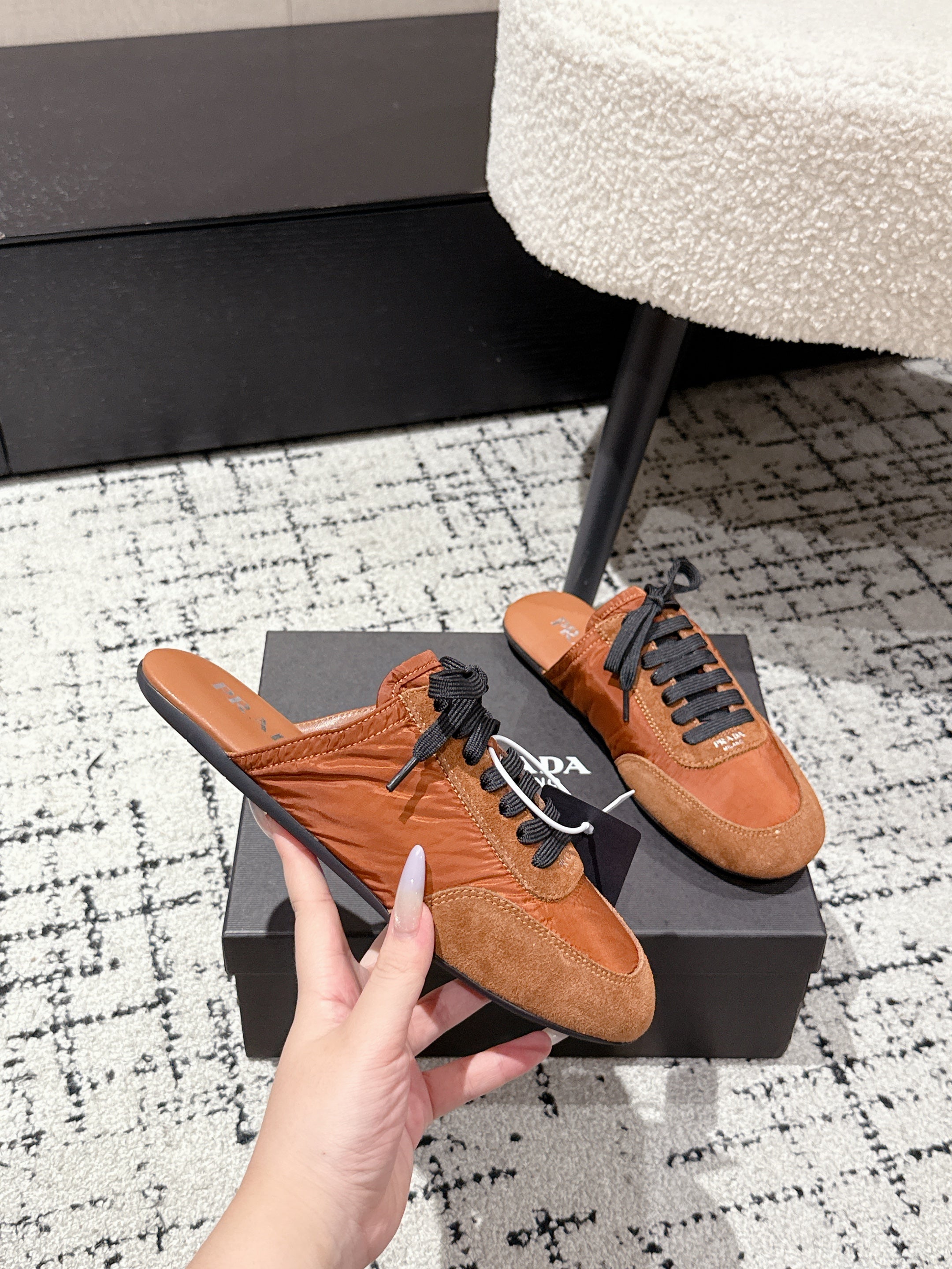 PRADA 25S DEXUN MULE IN BURNT ORANGE SUEDE LEATHER