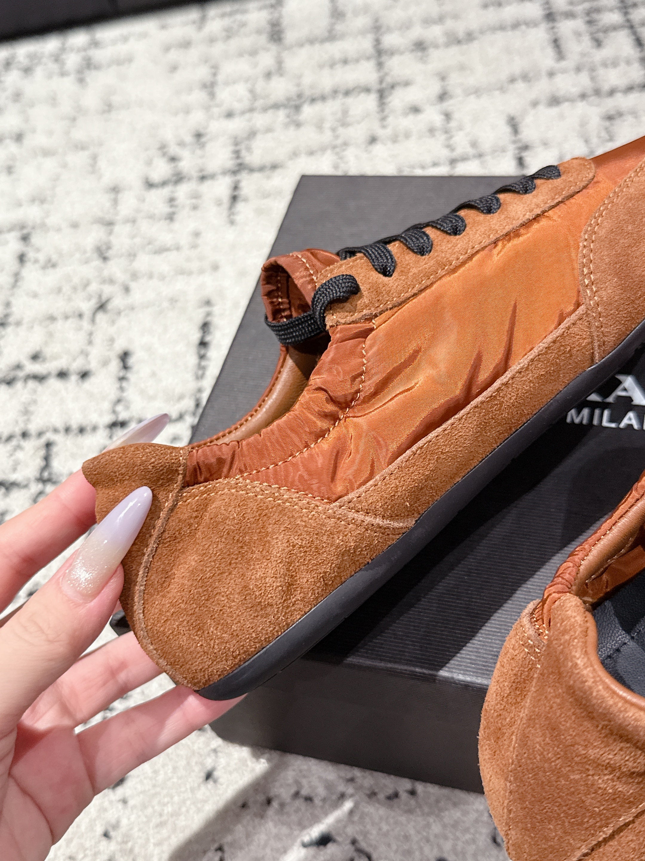 PRADA 25S COLLAPSE SNEAKERS IN BURNT ORANGE RE NYLON AND SUEDE