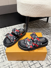 LV MIAMI-STYLE SANDALS 25S IN BLACK FABRIC AND CALFSKIN