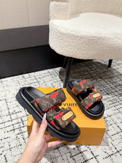 LV MIAMI-STYLE SANDALS 25S IN BROWN FABRIC AND BLACK CALFSKIN