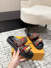 LV MIAMI-STYLE SANDALS 25S IN BROWN FABRIC AND BLACK CALFSKIN