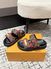 LV MIAMI-STYLE SANDALS 25S IN BROWN FABRIC AND BLACK CALFSKIN