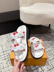 LV TWO-STRAP SLIDES 25S IN WHITE FABRIC AND CALFSKIN