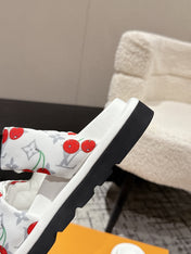 LV TWO-STRAP SLIDES 25S IN WHITE FABRIC AND CALFSKIN