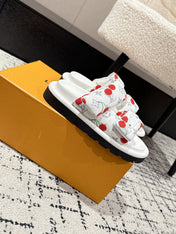 LV TWO-STRAP SLIDES 25S IN WHITE FABRIC AND CALFSKIN