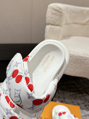 LV TWO-STRAP SLIDES 25S IN WHITE FABRIC AND CALFSKIN