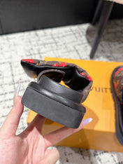 LV MIAMI-STYLE SANDALS 25S IN BROWN FABRIC AND BLACK CALFSKIN