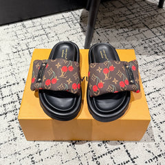 LV MIAMI-STYLE SANDALS 25S IN BROWN FABRIC AND BLACK CALFSKIN