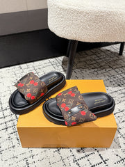 LV MIAMI-STYLE SANDALS 25S IN BROWN FABRIC AND BLACK CALFSKIN
