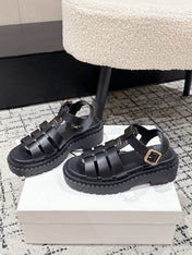 PRADA 25S FISHERMAN OPEN TOE SANDALS IN BLACK CALFSKIN