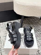 PRADA 25S FISHERMAN OPEN TOE SANDALS IN BLACK CALFSKIN