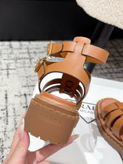 PRADA 25S HIGH TOP OPEN TOE FISHERMAN SANDALS IN BURNT ORANGE CALFSKIN