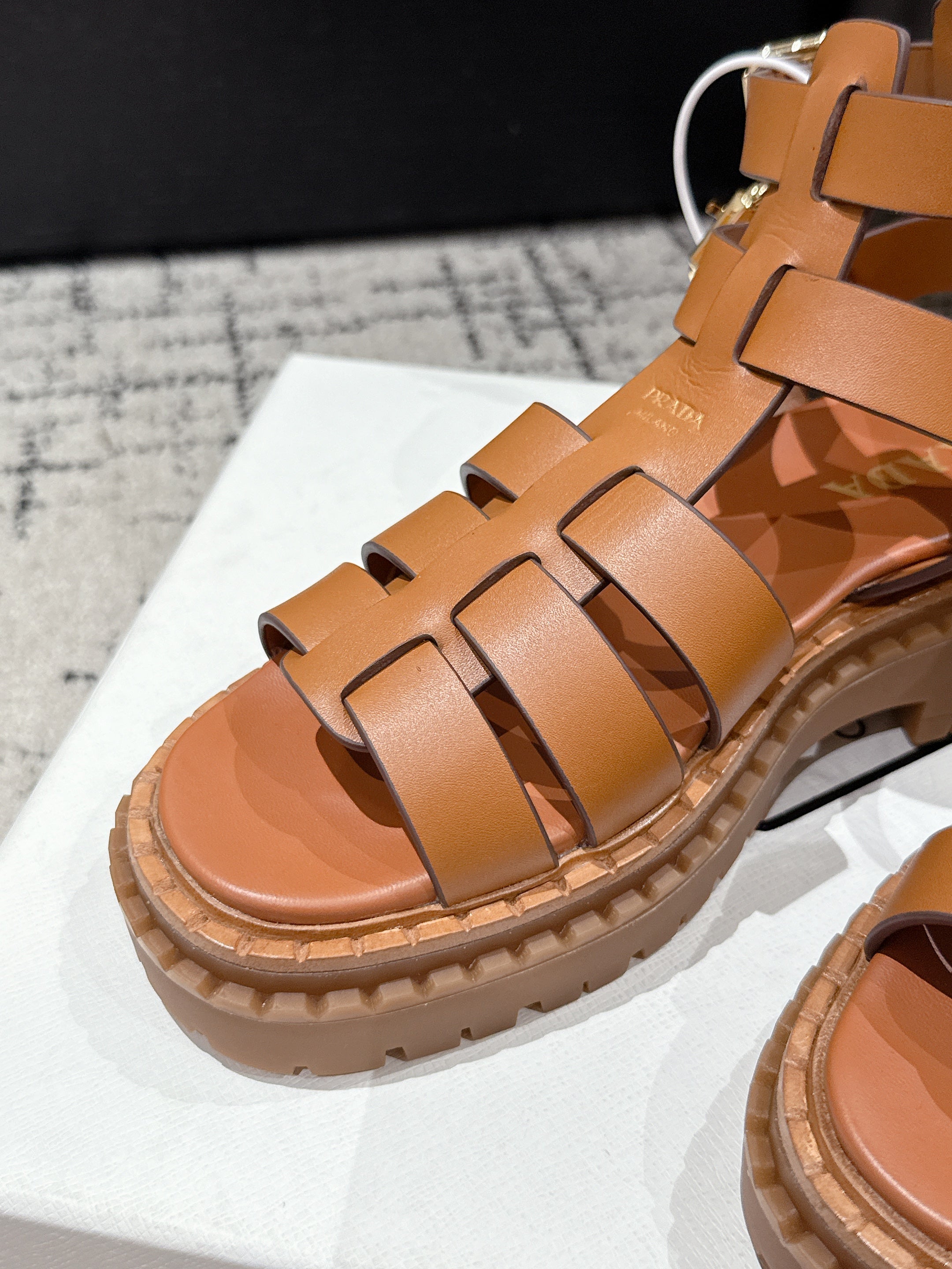 PRADA 25S HIGH TOP OPEN TOE FISHERMAN SANDALS IN BURNT ORANGE CALFSKIN