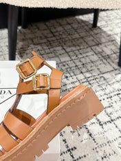 PRADA 25S HIGH TOP OPEN TOE FISHERMAN SANDALS IN BURNT ORANGE CALFSKIN