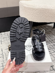 PRADA 25S HIGH TOP OPEN TOE FISHERMAN SANDALS IN BLACK CALFSKIN