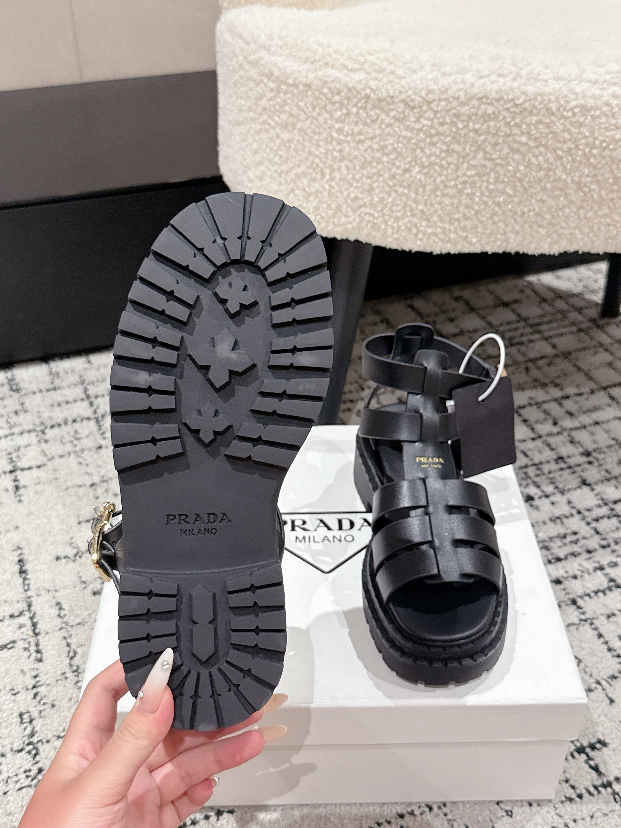 PRADA 25S HIGH TOP OPEN TOE FISHERMAN SANDALS IN BLACK CALFSKIN