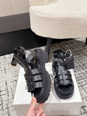 PRADA 25S HIGH TOP OPEN TOE FISHERMAN SANDALS IN BLACK CALFSKIN