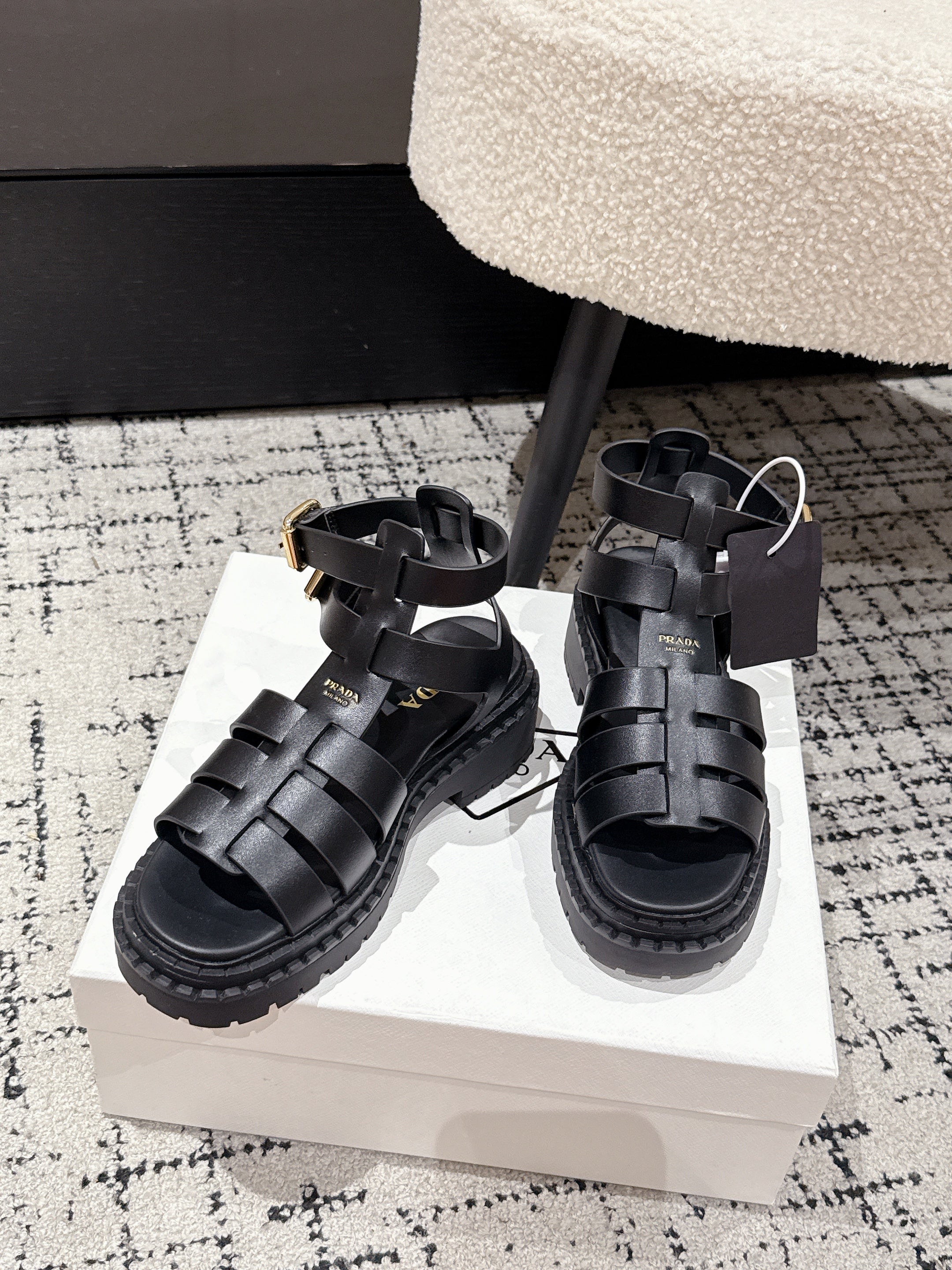 PRADA 25S HIGH TOP OPEN TOE FISHERMAN SANDALS IN BLACK CALFSKIN