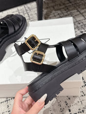 PRADA 25S HIGH TOP OPEN TOE FISHERMAN SANDALS IN BLACK CALFSKIN