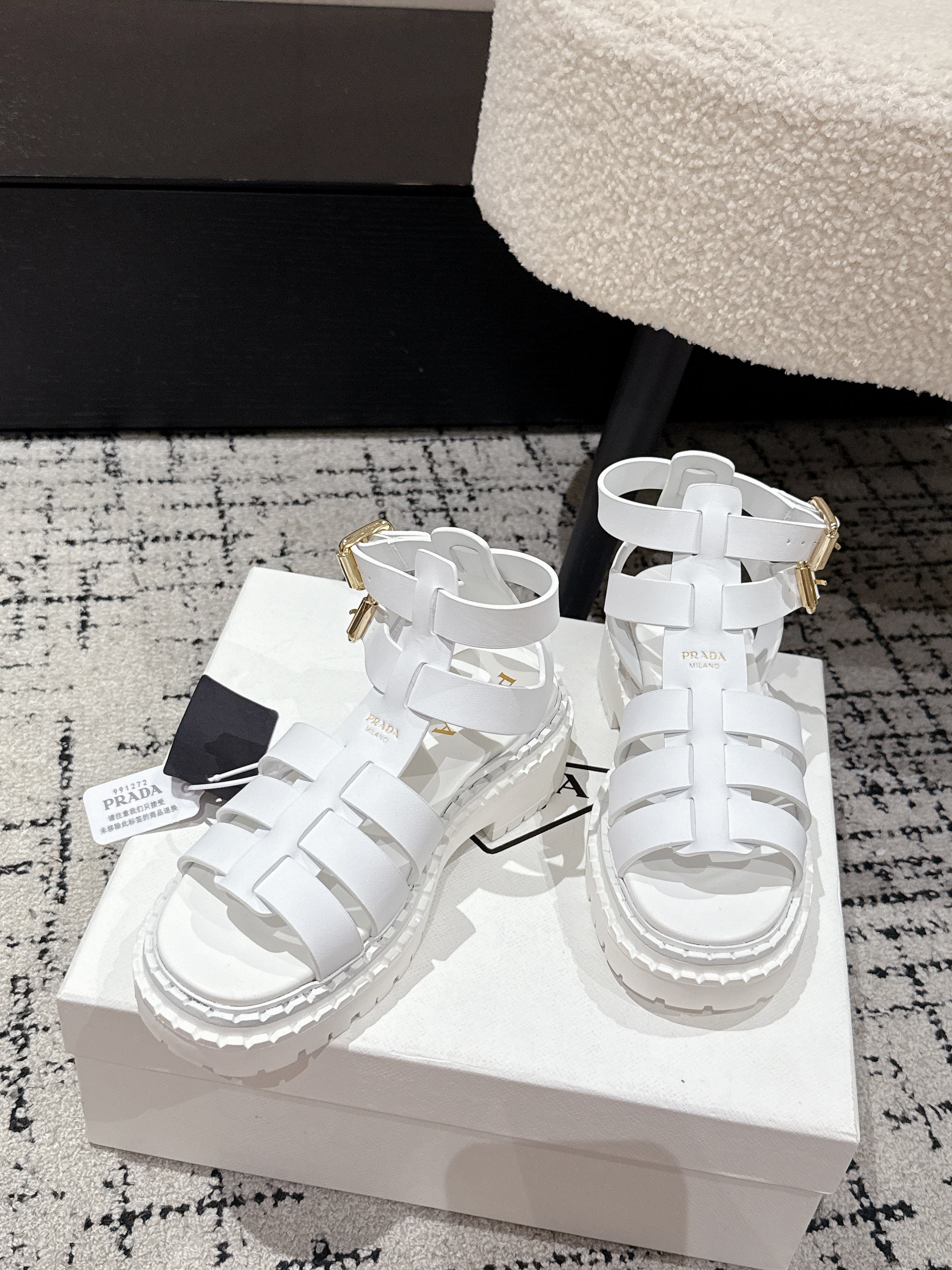 PRADA 25S HIGH TOP OPEN TOE FISHERMAN SANDALS IN WHITE CALFSKIN