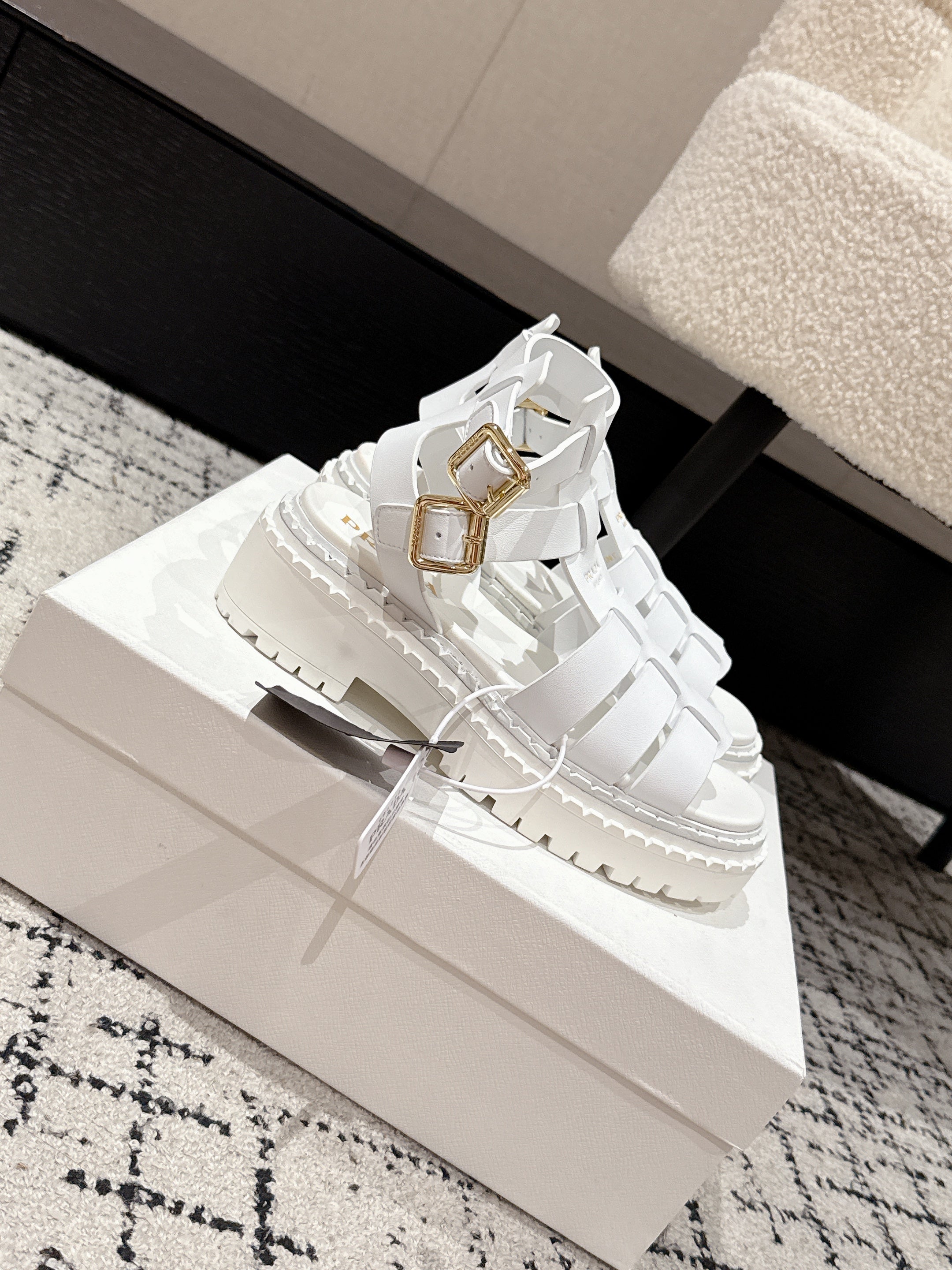 PRADA 25S HIGH TOP OPEN TOE FISHERMAN SANDALS IN WHITE CALFSKIN