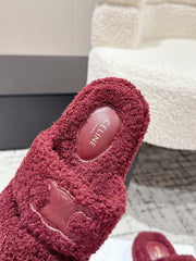 CELINE 25S SLIDES TRIOMPHE IN WINE RED SPONGE FABRIC