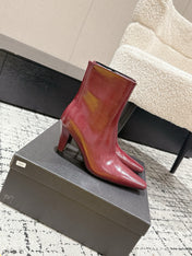 YSL 25S HEELED ANKLE BOOTS 70 MM IN WINE RED SHINY LAMBSKIN