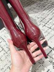 YSL 25S PLATFORM KNEE-HIGH BOOTS 70 MM IN WINE RED LAMBSKIN